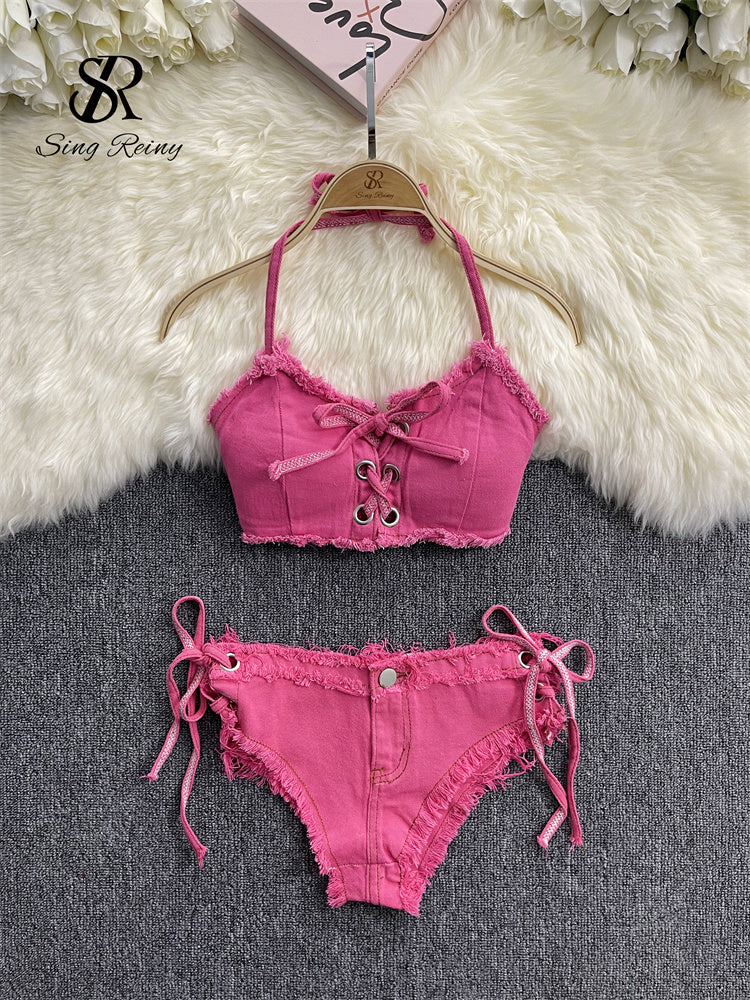 #140 Bikini Denim Suits Summer Halter Camis+ Mini Pant Lingerie