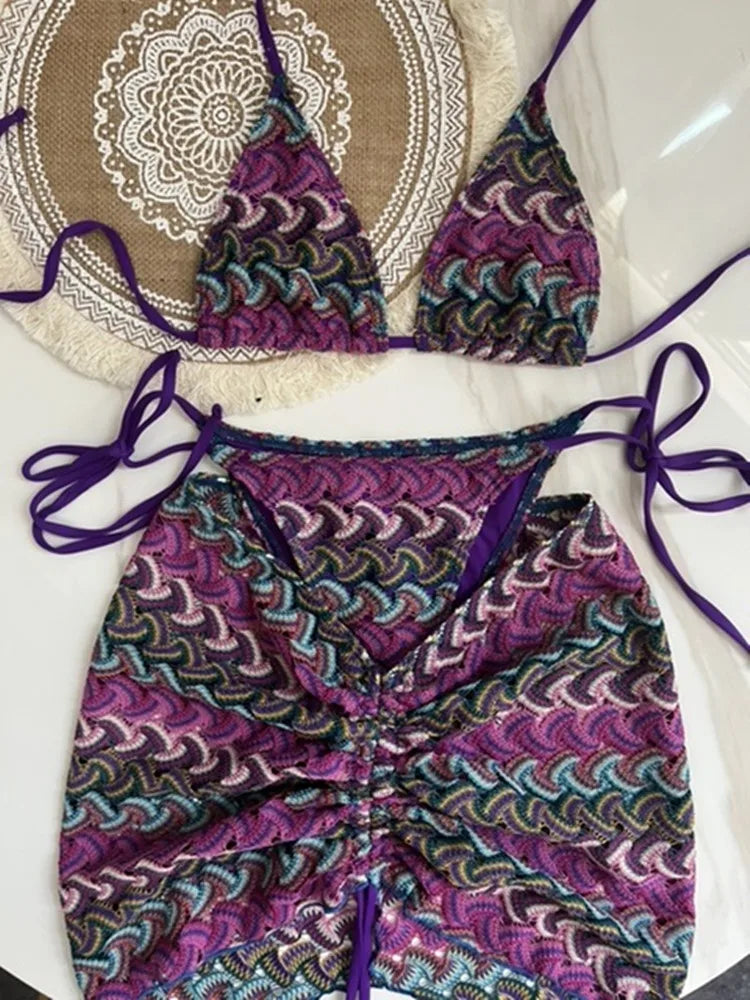 #47 Swimsuit Colored Maple Leaves Knitted Bikini Skirt