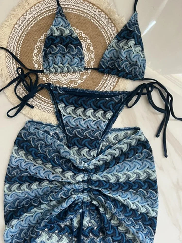 #47 Swimsuit Colored Maple Leaves Knitted Bikini Skirt