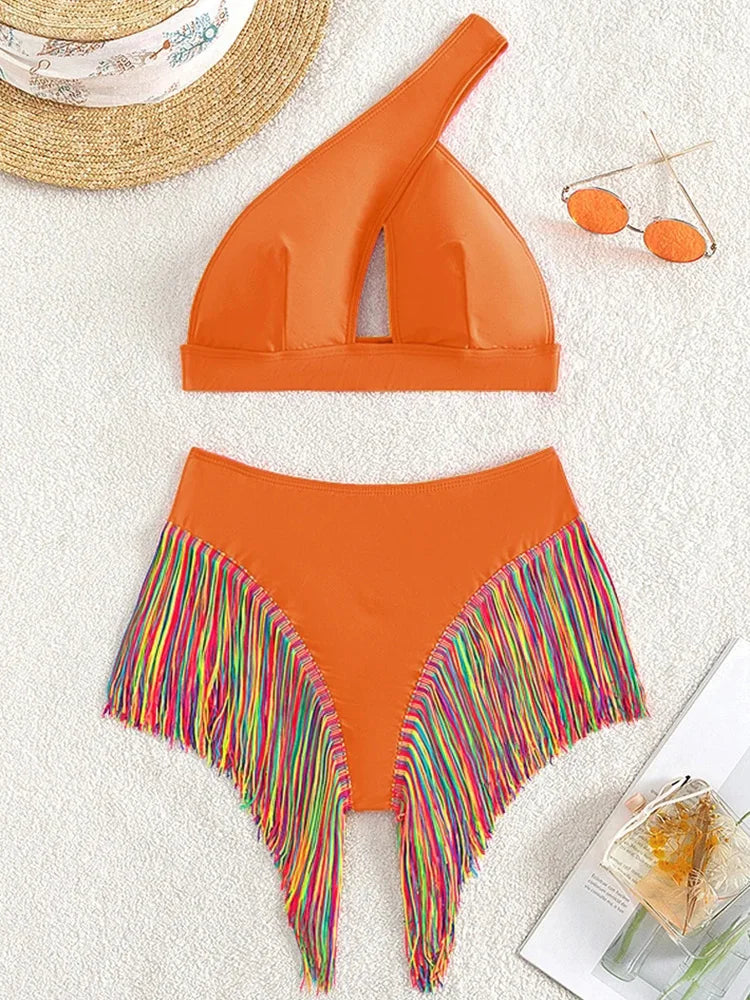 #13 Fringe Tassel One Shoulder High Waist Bikini