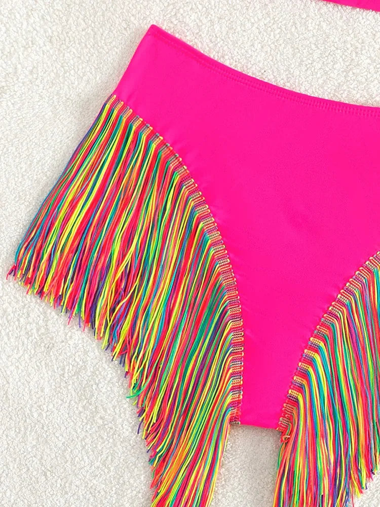 #13 Fringe Tassel One Shoulder High Waist Bikini