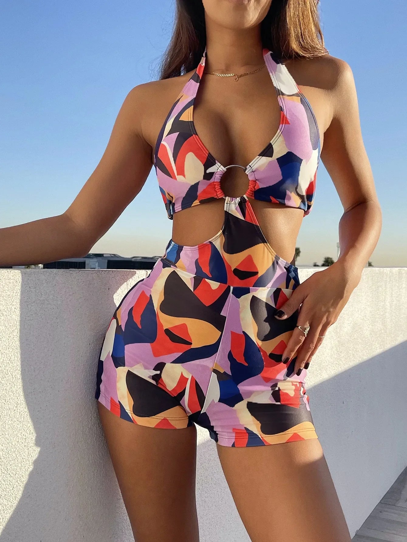 #129 Black Leopard Colorful Print High Waist Halter Bathing