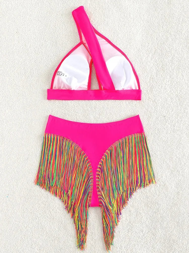 #13 Fringe Tassel One Shoulder High Waist Bikini