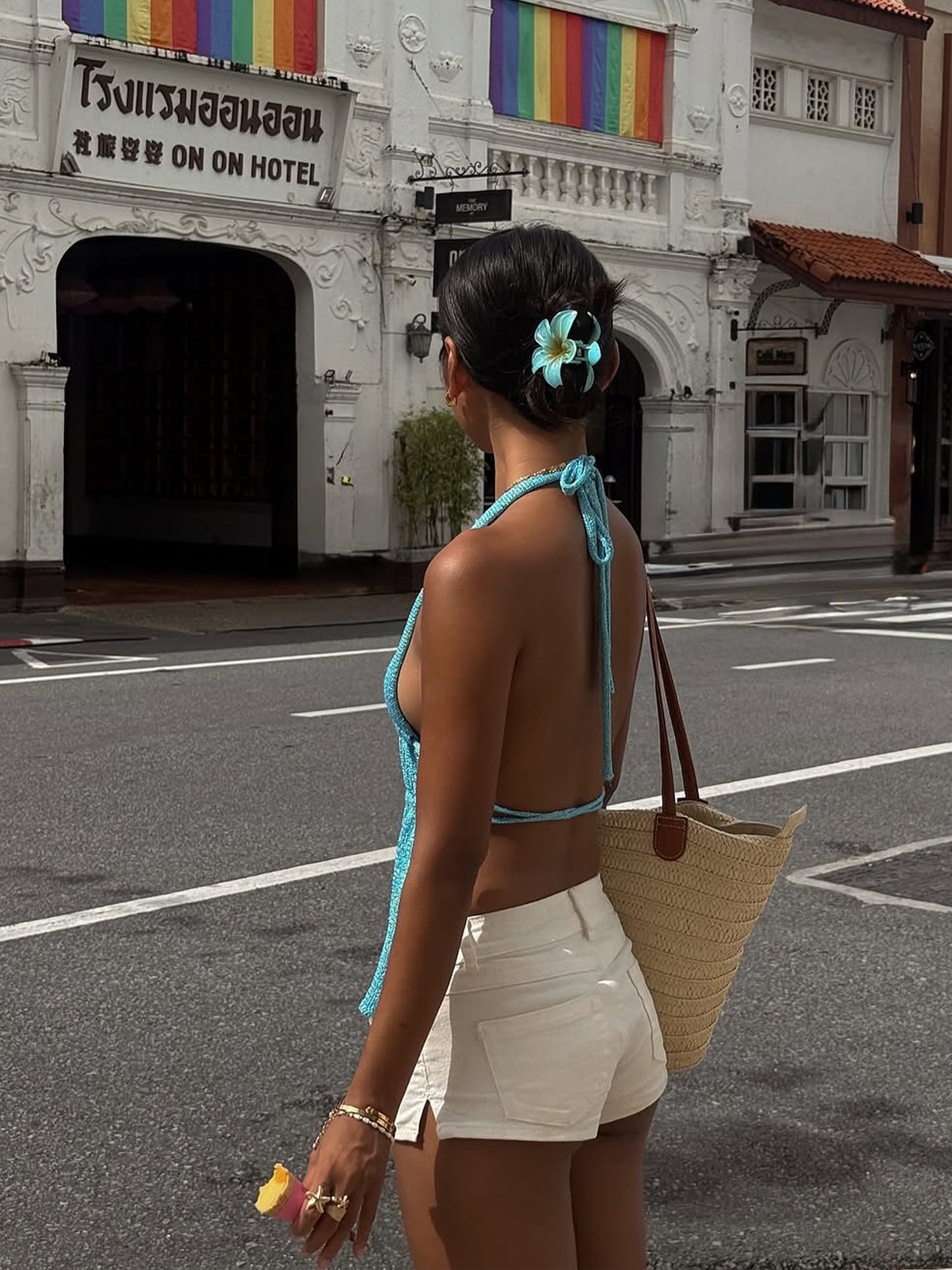 #148 Blue Halter Neck Backless Drawstring Camisole