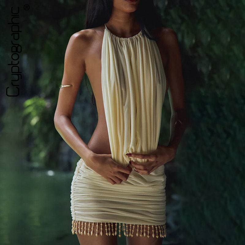 #109 Cryptographic Embellished Halter Sexy Backless Mini Dress