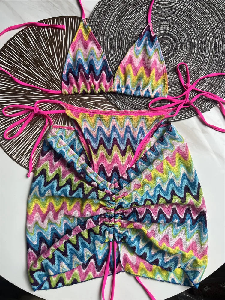 #47 Swimsuit Colored Maple Leaves Knitted Bikini Skirt