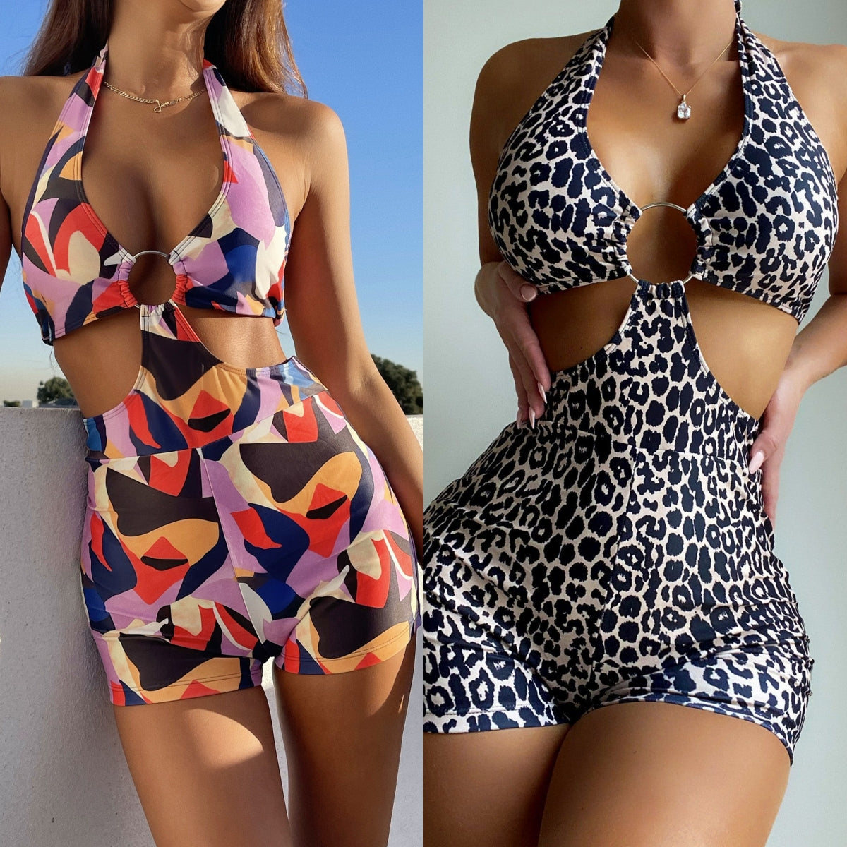 #129 Black Leopard Colorful Print High Waist Halter Bathing