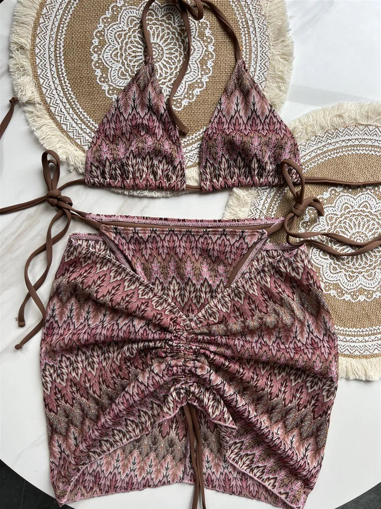 #47 Swimsuit Colored Maple Leaves Knitted Bikini Skirt