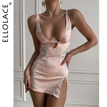 #126 Ellolace Sexy Deep-V Neck Satin Dress Sexy Lingerie
