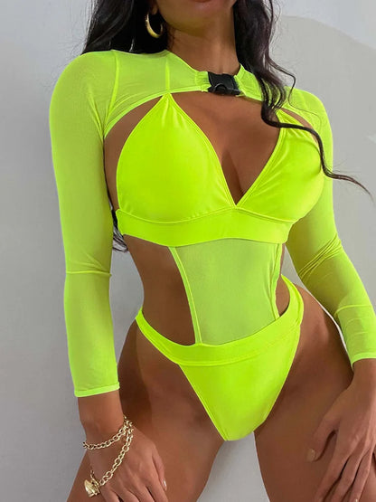#8 Neon Long Sleeve High Cut Out Swimwear