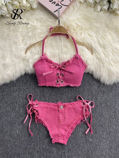 #140 Bikini Denim Suits Summer Halter Camis+ Mini Pant Lingerie