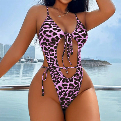 #121 Leopard Tummy Cut Out Knotted One Piece Swimsuit