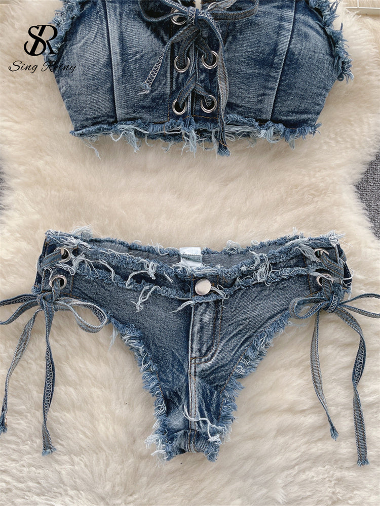 #140 Bikini Denim Suits Summer Halter Camis+ Mini Pant Lingerie