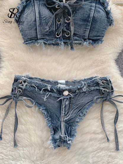 #140 Bikini Denim Suits Summer Halter Camis+ Mini Pant Lingerie