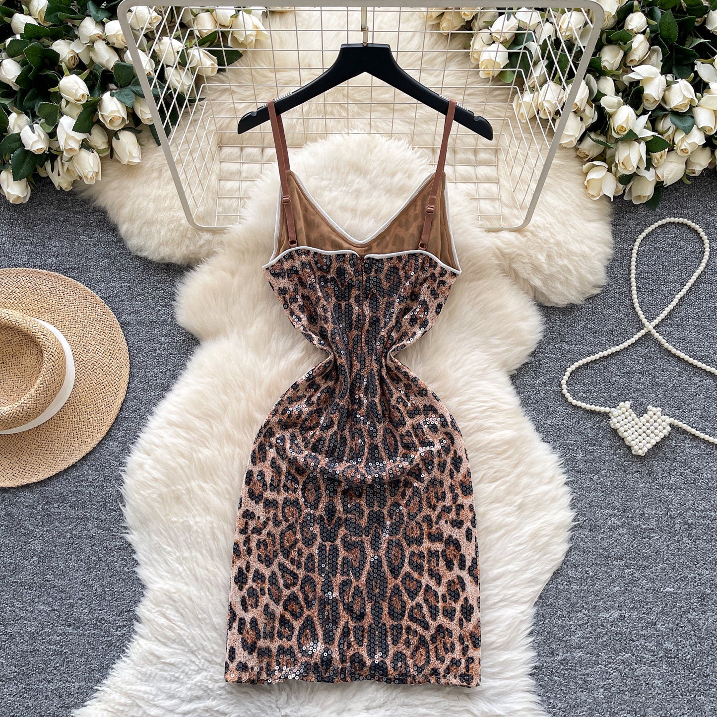 #134 Sexy Sleeveless sequin Elastic leopard Bodycon
