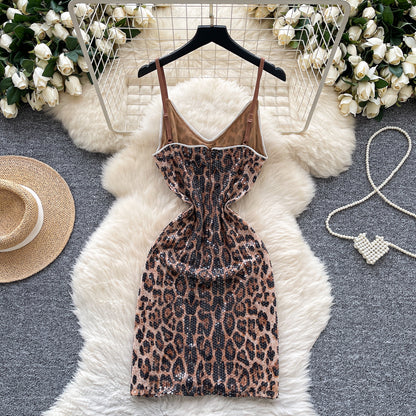 #134 Sexy Sleeveless sequin Elastic leopard Bodycon
