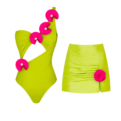 #51 Flower One Piece Swimsuit Skirt Shoulder Tassels