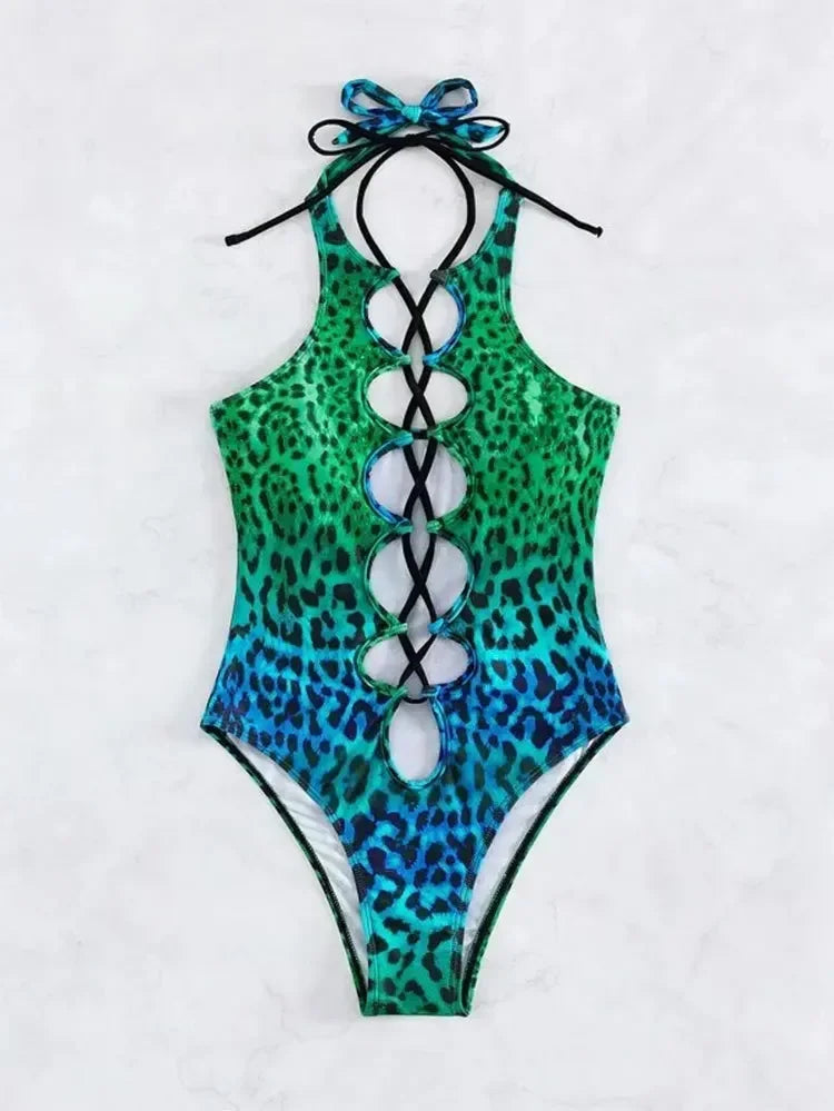 #123 Blue Leopard Print Gradient Bandage Backless Bikini