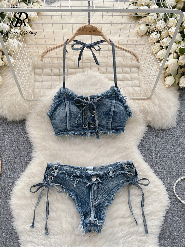 #140 Bikini Denim Suits Summer Halter Camis+ Mini Pant Lingerie