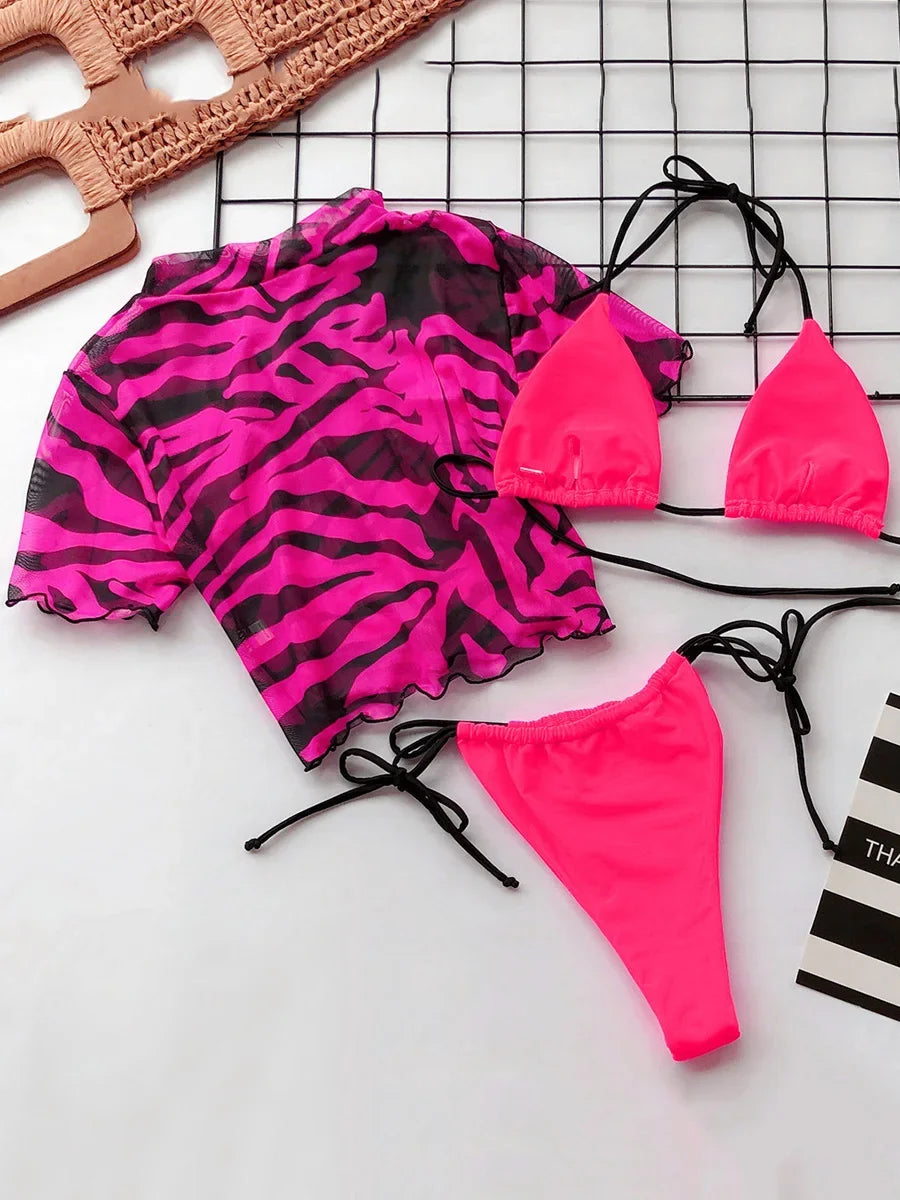 #27 Zebra Print Mesh Short Sleeve Halter Mini Micro Bikini