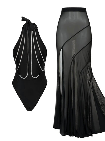 #34 Buckle Off Shoulder Bikini With Skirt Swimsuit