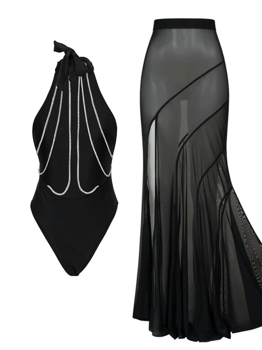 #34 Buckle Off Shoulder Bikini With Skirt Swimsuit