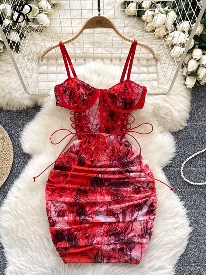 #149  Short Strap Dress Ladies Strapless Lace Up