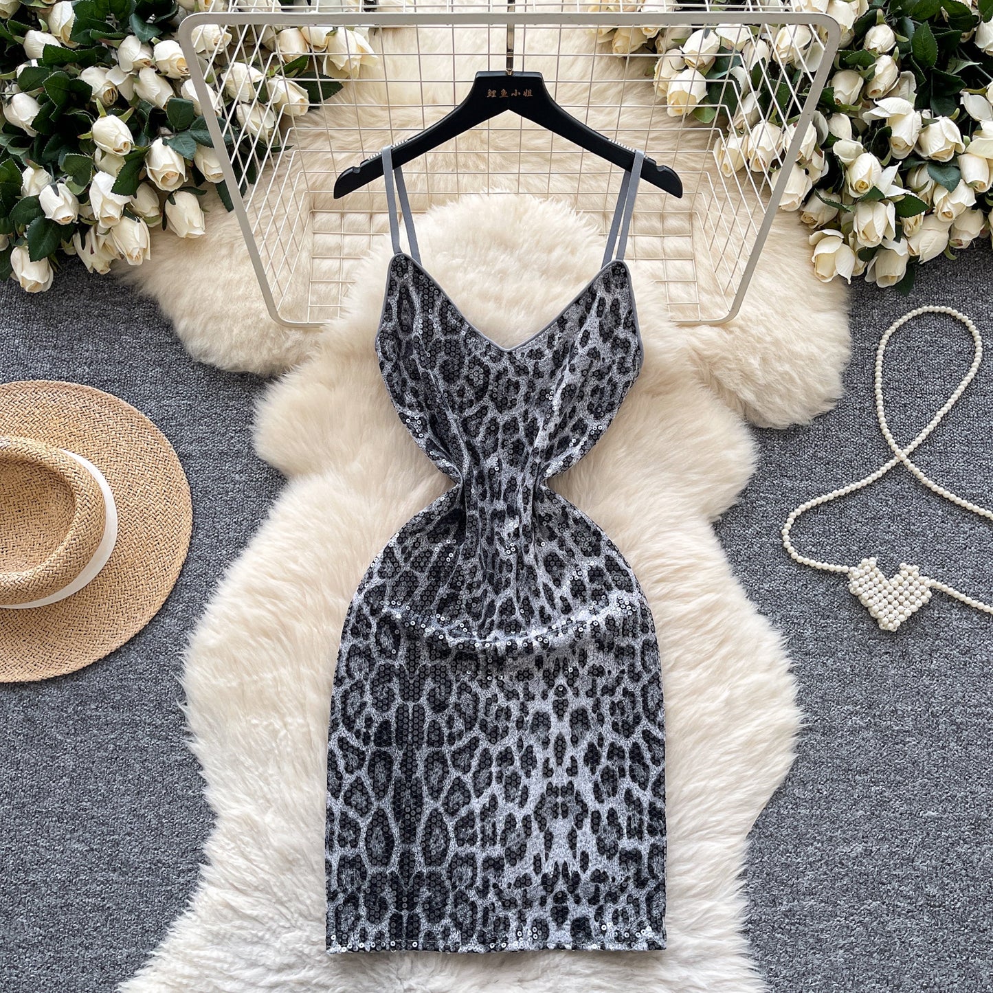 #134 Sexy Sleeveless sequin Elastic leopard Bodycon