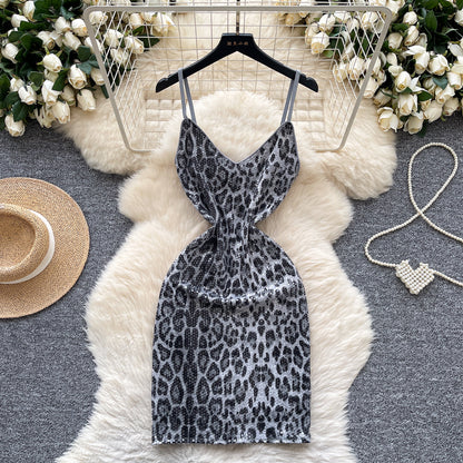 #134 Sexy Sleeveless sequin Elastic leopard Bodycon