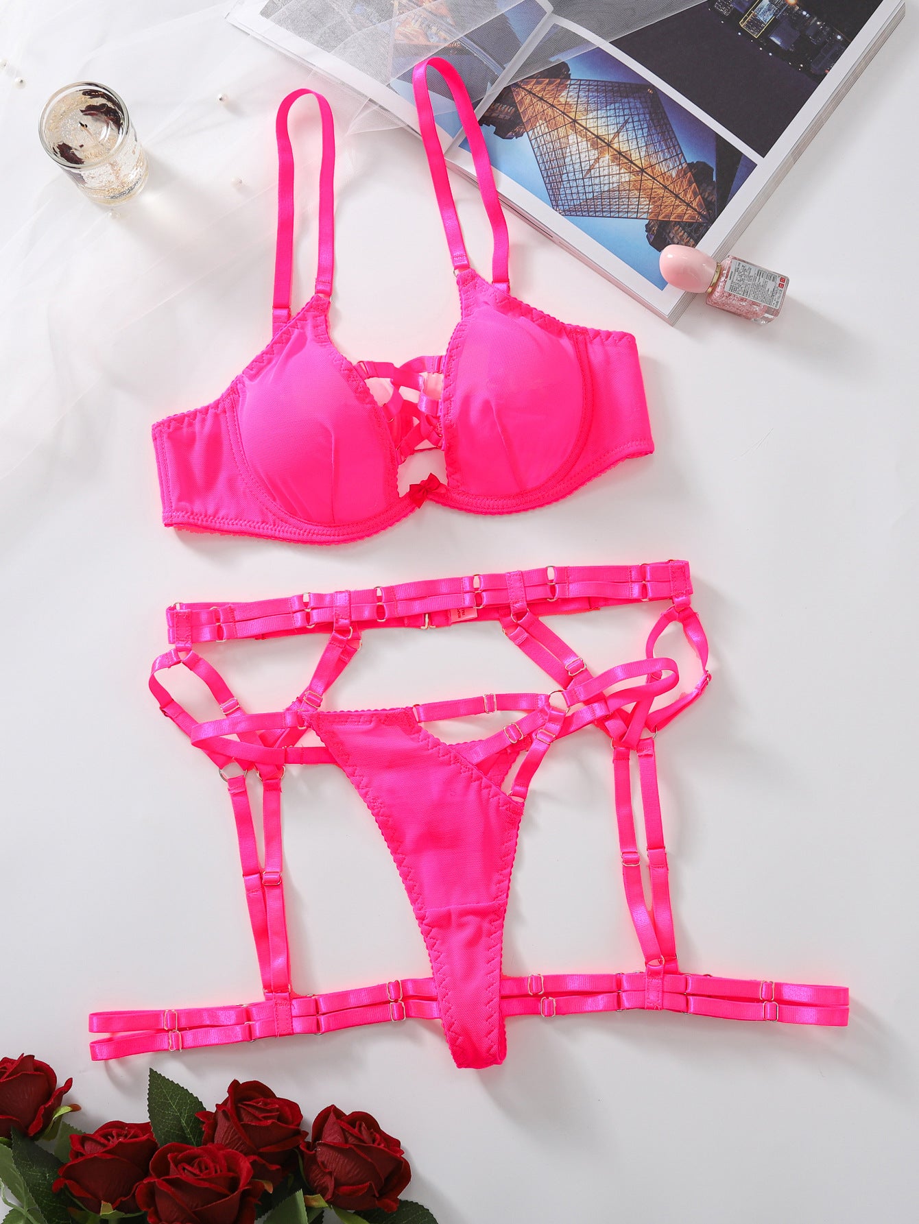 #168 Sexy Neon Pink Black Lingerie