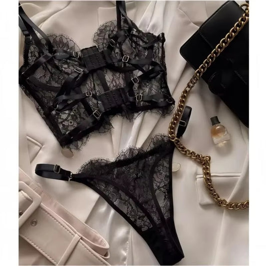 #180 Bustier Floral Lace Sexy Lingerie Set Bra Brief