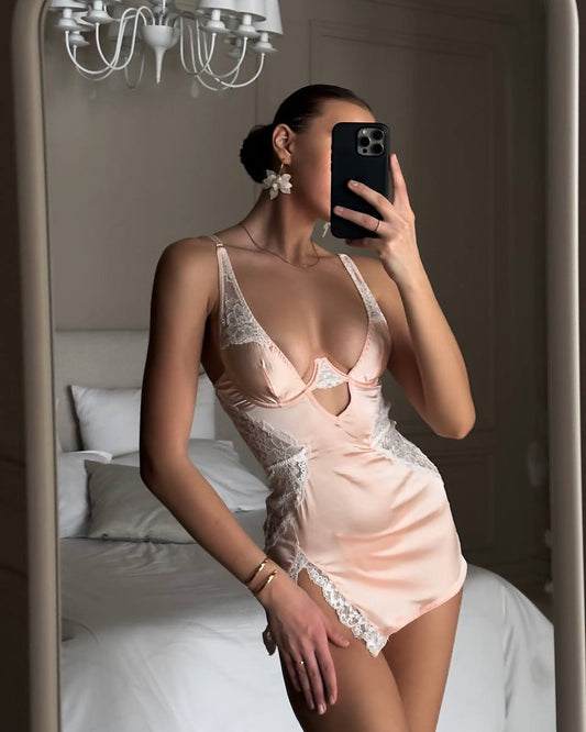 #126 Ellolace Sexy Deep-V Neck Satin Dress Sexy Lingerie