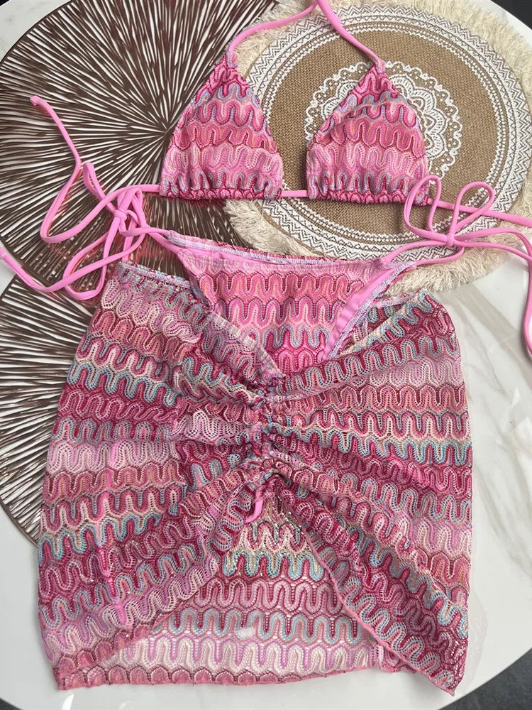 #47 Swimsuit Colored Maple Leaves Knitted Bikini Skirt