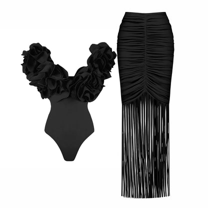 #50 High Quality Luxury Woman Swimsuit Flower Ruffle Solid