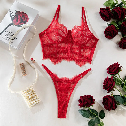 #180 Bustier Floral Lace Sexy Lingerie Set Bra Brief