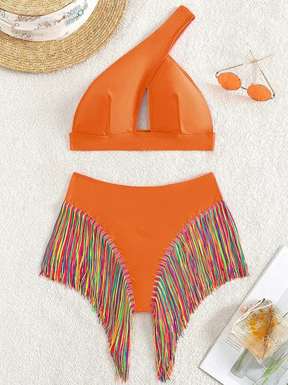 #13 Fringe Tassel One Shoulder High Waist Bikini