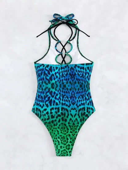 #123 Blue Leopard Print Gradient Bandage Backless Bikini
