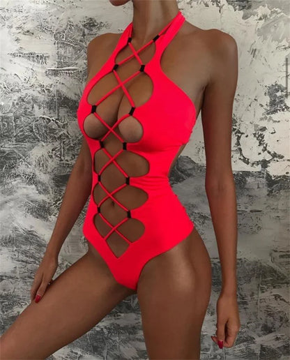 #1 High Neck Solid Black Cut Out Backless Monokini Bandage Bathing Suit