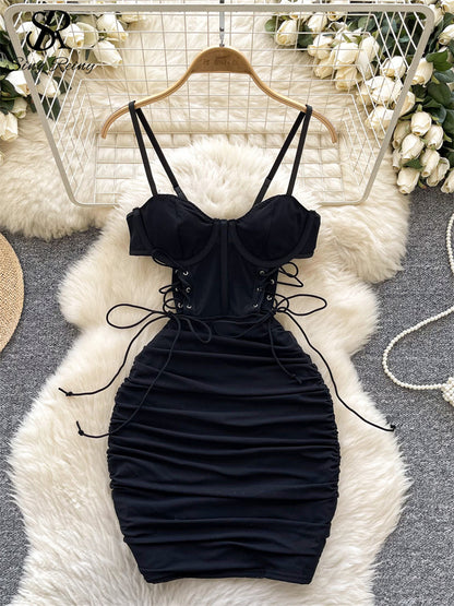 #149  Short Strap Dress Ladies Strapless Lace Up
