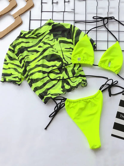 #27 Zebra Print Mesh Short Sleeve Halter Mini Micro Bikini