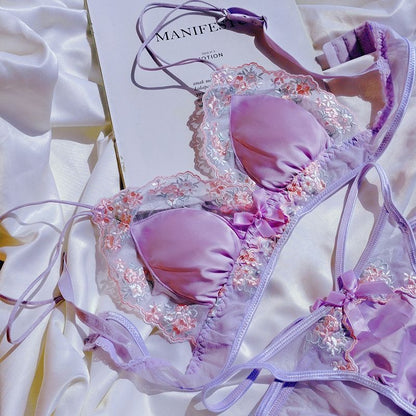 #174 Floral Embroidered Lingerie Set Cutout Unlined Bra