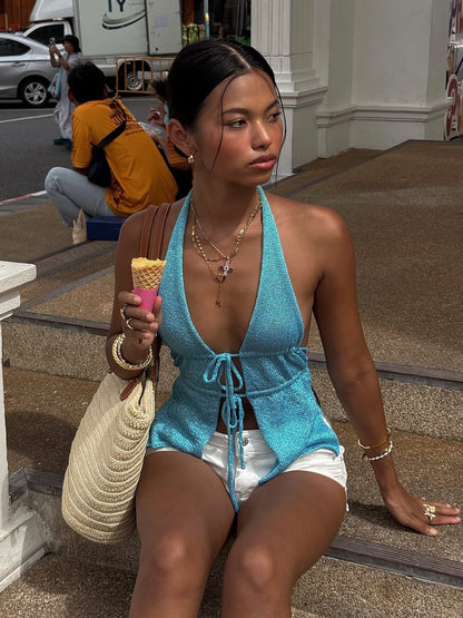 #148 Blue Halter Neck Backless Drawstring Camisole