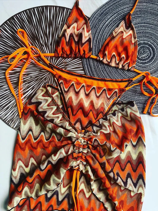 #47 Swimsuit Colored Maple Leaves Knitted Bikini Skirt