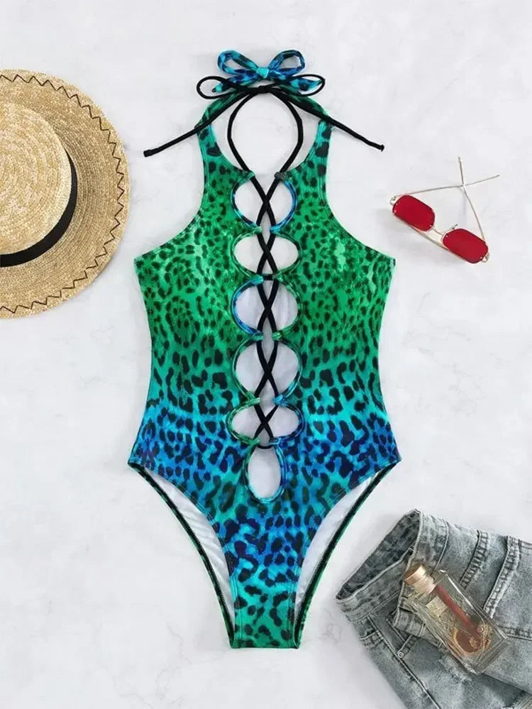 #123 Blue Leopard Print Gradient Bandage Backless Bikini