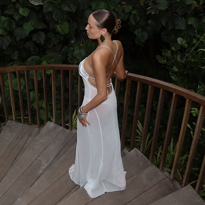 #147 White Mesh Sheer Beach Dress
