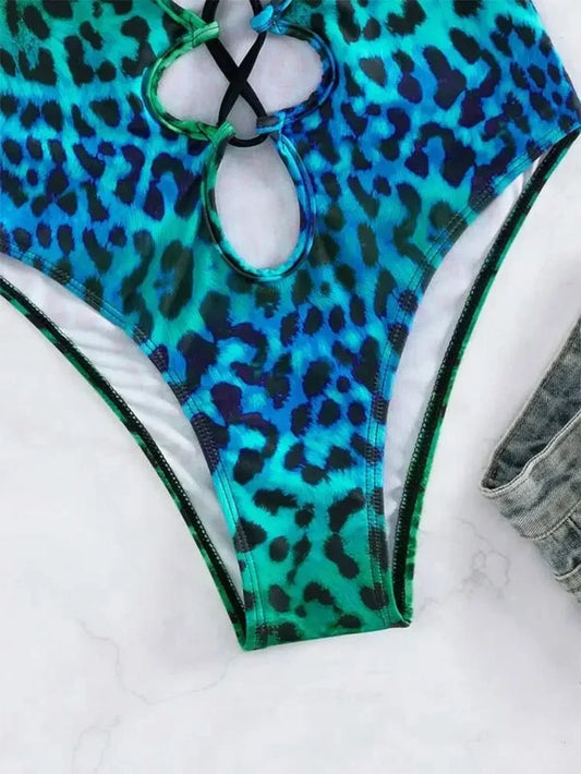 #123 Blue Leopard Print Gradient Bandage Backless Bikini