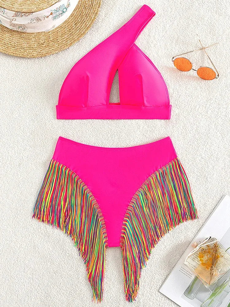 #13 Fringe Tassel One Shoulder High Waist Bikini