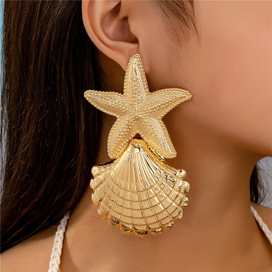 #61 HUANZHI Simple Fashionable Starfish Shell Metal Large Drop Earring