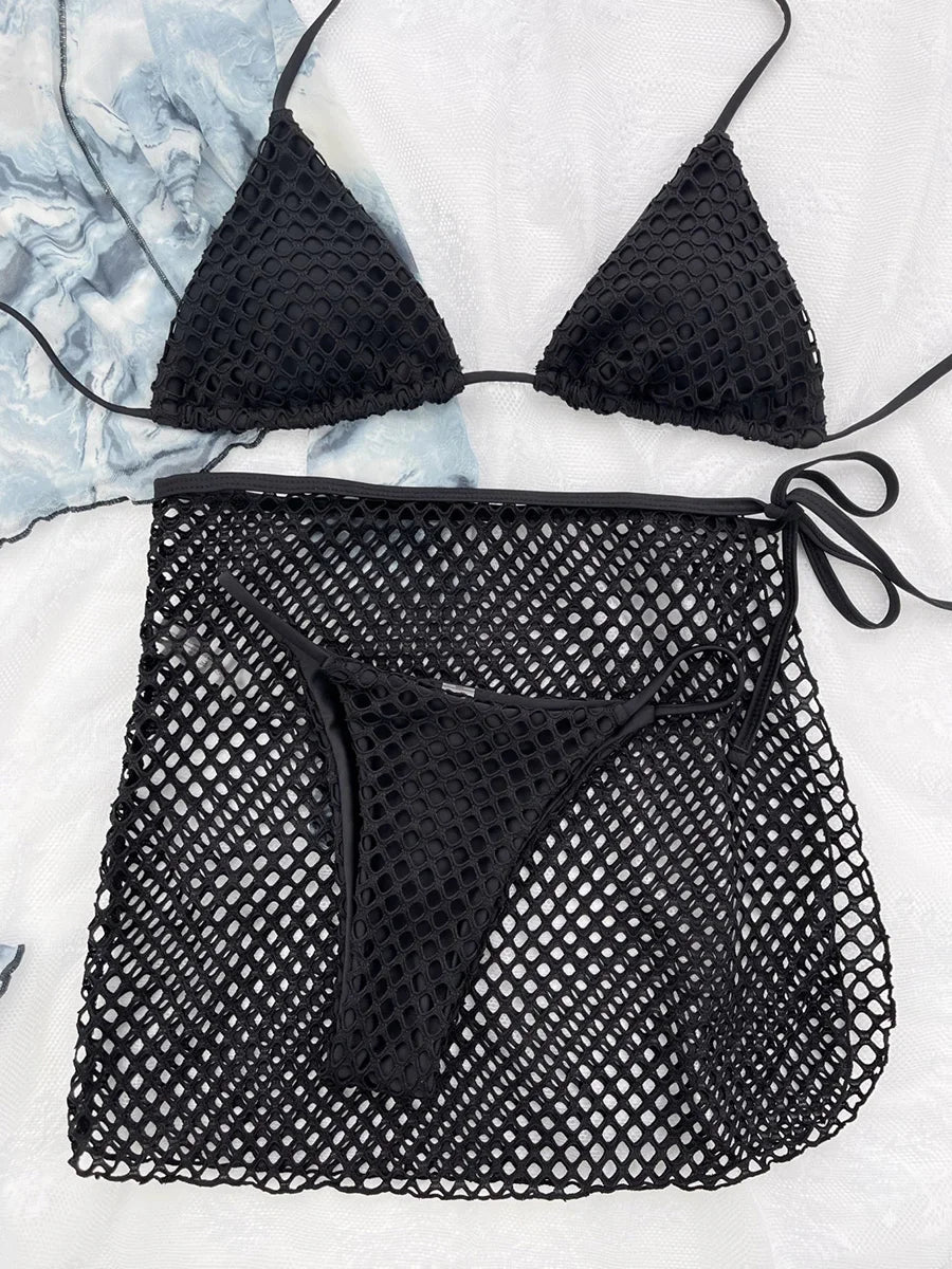 #48 Fishnet Mesh Sheer Skirt Halter Micro Bikini