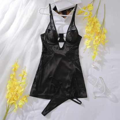 #126 Ellolace Sexy Deep-V Neck Satin Dress Sexy Lingerie